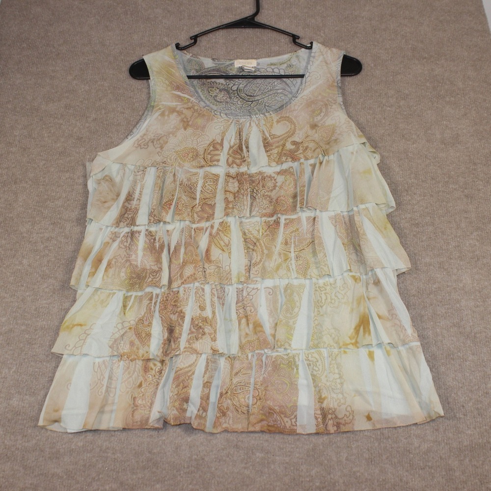 Chicos‎ Paisley Tiered Ruffle Tank Top Sz 2 Large Green Tan Mesh Back Sleeveless